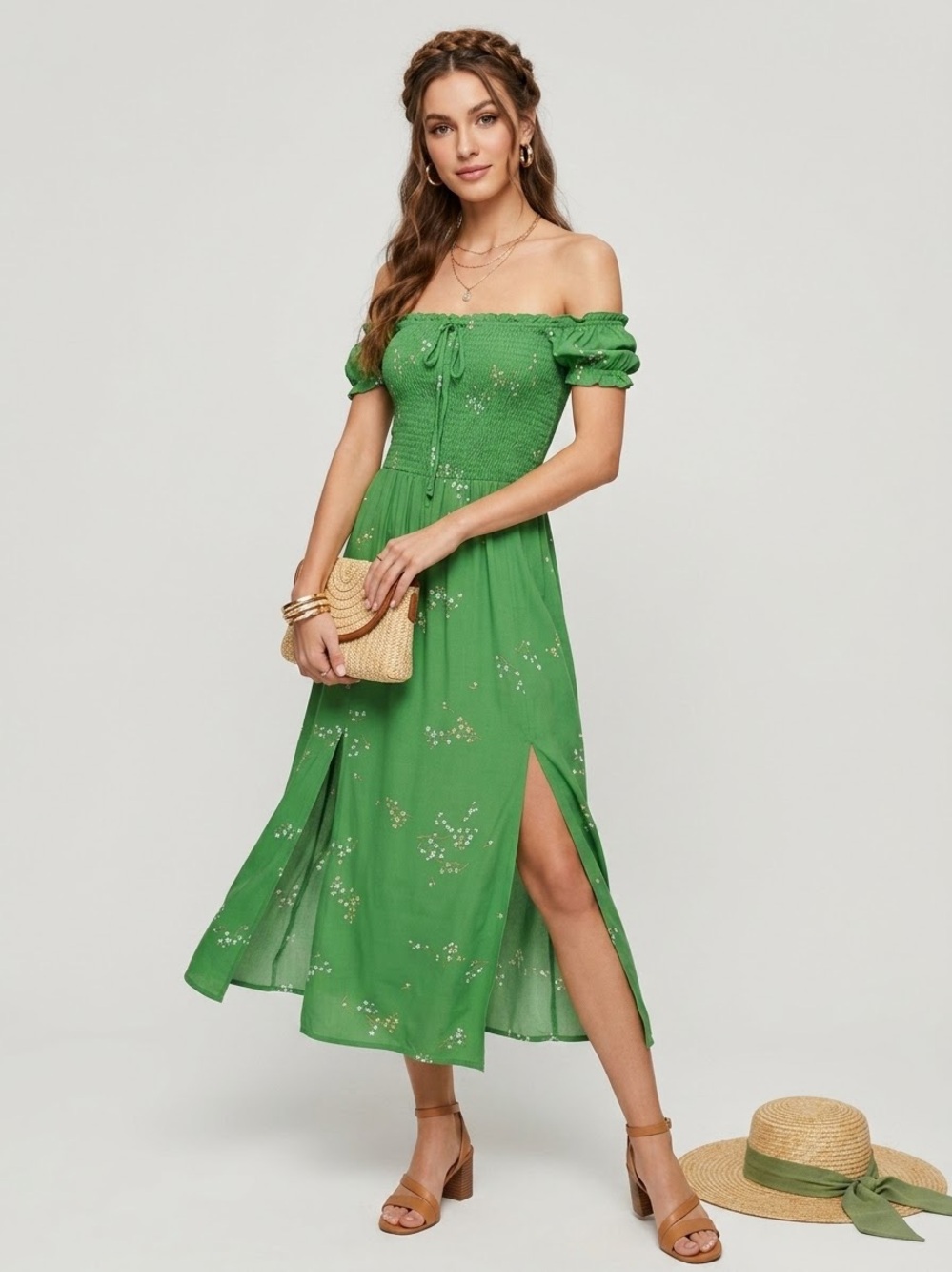 Faithfull The Brand Green Floral Smocked Off Shoulder Midi Dress Side Slit Small